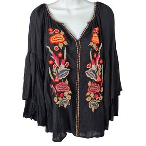 Embroidered Black Boho Peasant Top with Floral Accents